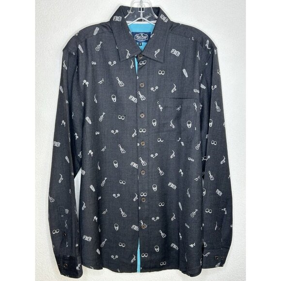 Nat Nast Shirt Mens Medium Silk Wool Blend Black Music Print Band Lounge Party M - Picture 2 of 16